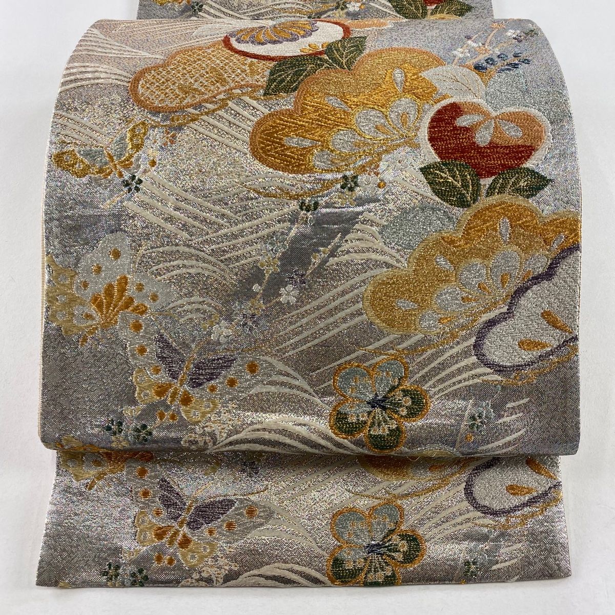 袋帯 美品 秀品 橘 笠松 金銀糸 唐織 銀色 六通 正絹 【中古
