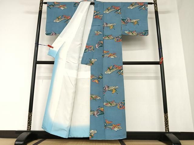 平和屋着物○琉球紅型 小紋 古典 舞鳥文 浜ちりめん 反端付き