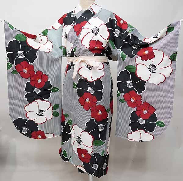二尺袖着物 単品 仕立て上がり bonheur saisons ボヌールセゾン 着物丈はショート丈 黒×白 椿柄 NO42130-03