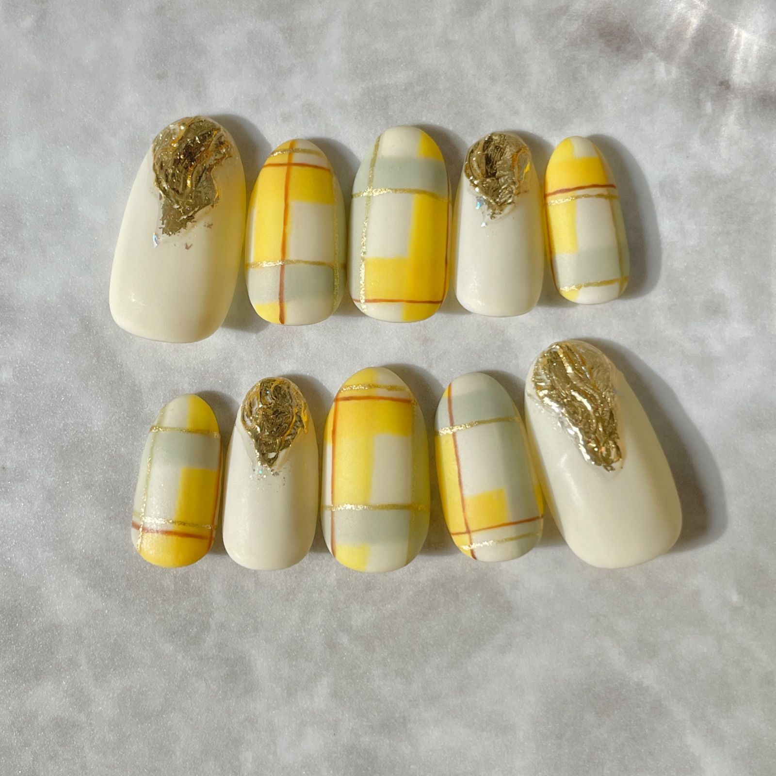 ネイルチップ【イエロー×グリーン チェックネイル】カジュアル 黄色 緑