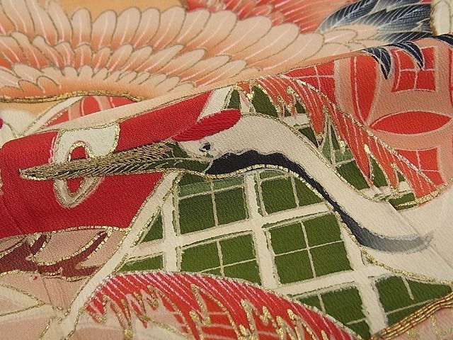 平和屋本店■極上　アンティーク　大正ロマン　振袖　駒刺繍　飛鶴宝船松竹梅　黒地　金彩　逸品　CZAA0672s4 平和屋本店□極上 アンティーク 大正ロマン 振袖 駒刺繍 飛鶴宝船