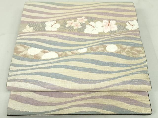 平和屋着物○両面 六通柄袋帯 モール織 よろけ縞花文 金糸