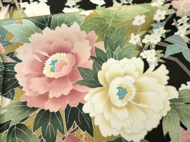 平和屋着物○十日町友禅作家 岡村蒼風 黒留袖 草花文 ロング丈 正絹