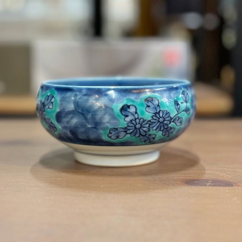 A1231-3/源右衛門窯/青彩菊絵取鉢5客/共箱/飾鉢/菓子鉢/懐石道具/