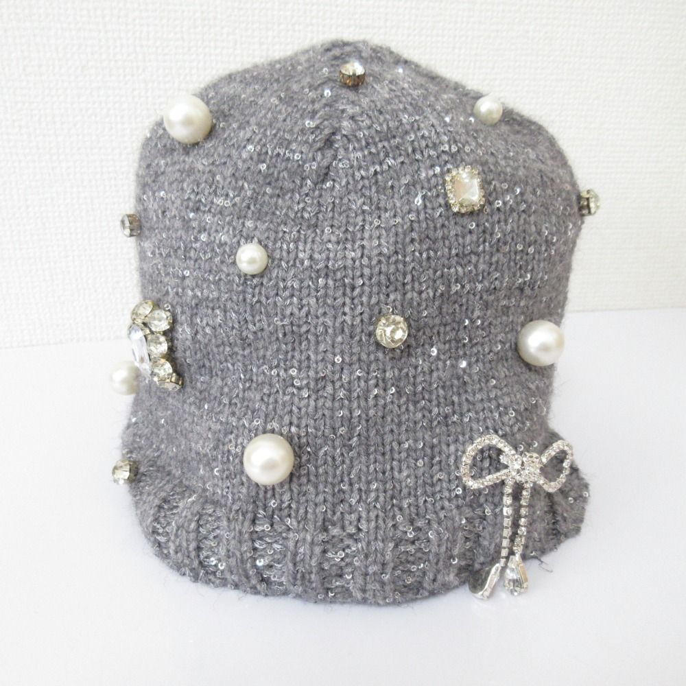 maison lulu pinot メゾンルルピノー Pearl bijou knit cap パール ビジュー ニット キャップ 帽子 グレー レディース 古着