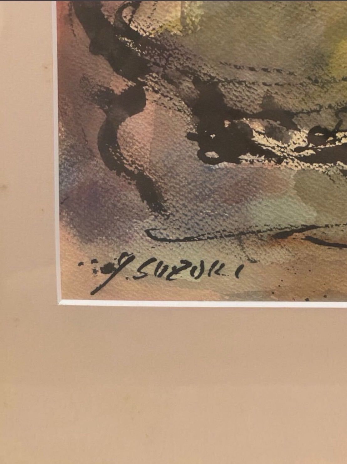 【100%本物】 鈴木康雄 水彩 抽象画 直筆サイン入り 浜松出身 日仏現代国際美術展 文部科学大臣賞受賞