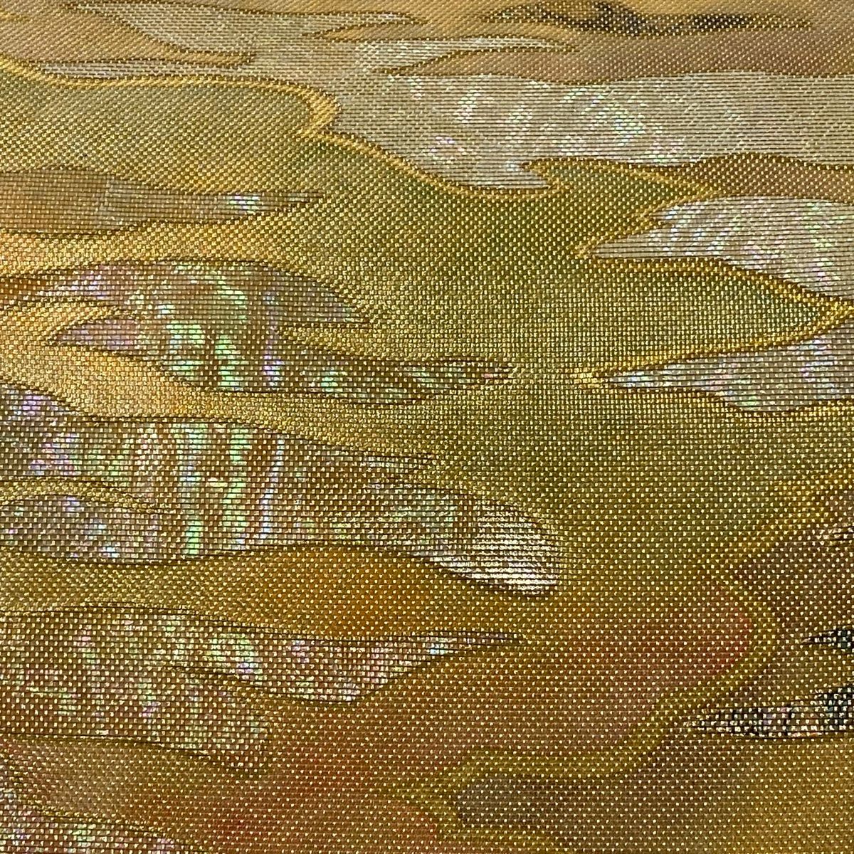 美品】 袋帯 逸品 落款 配送 木村間幸 霞 螺鈿箔 金糸 金色 お太鼓柄