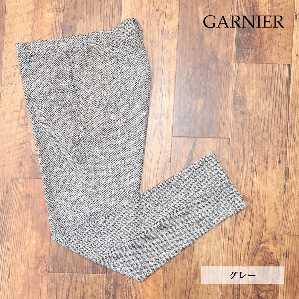 24秋冬|GARNIER|Lサイズ|スラックス パンツ 4024570071 起毛ストレッチ ヘリンボーン調 クラシック 美脚 |グレー|ma472|