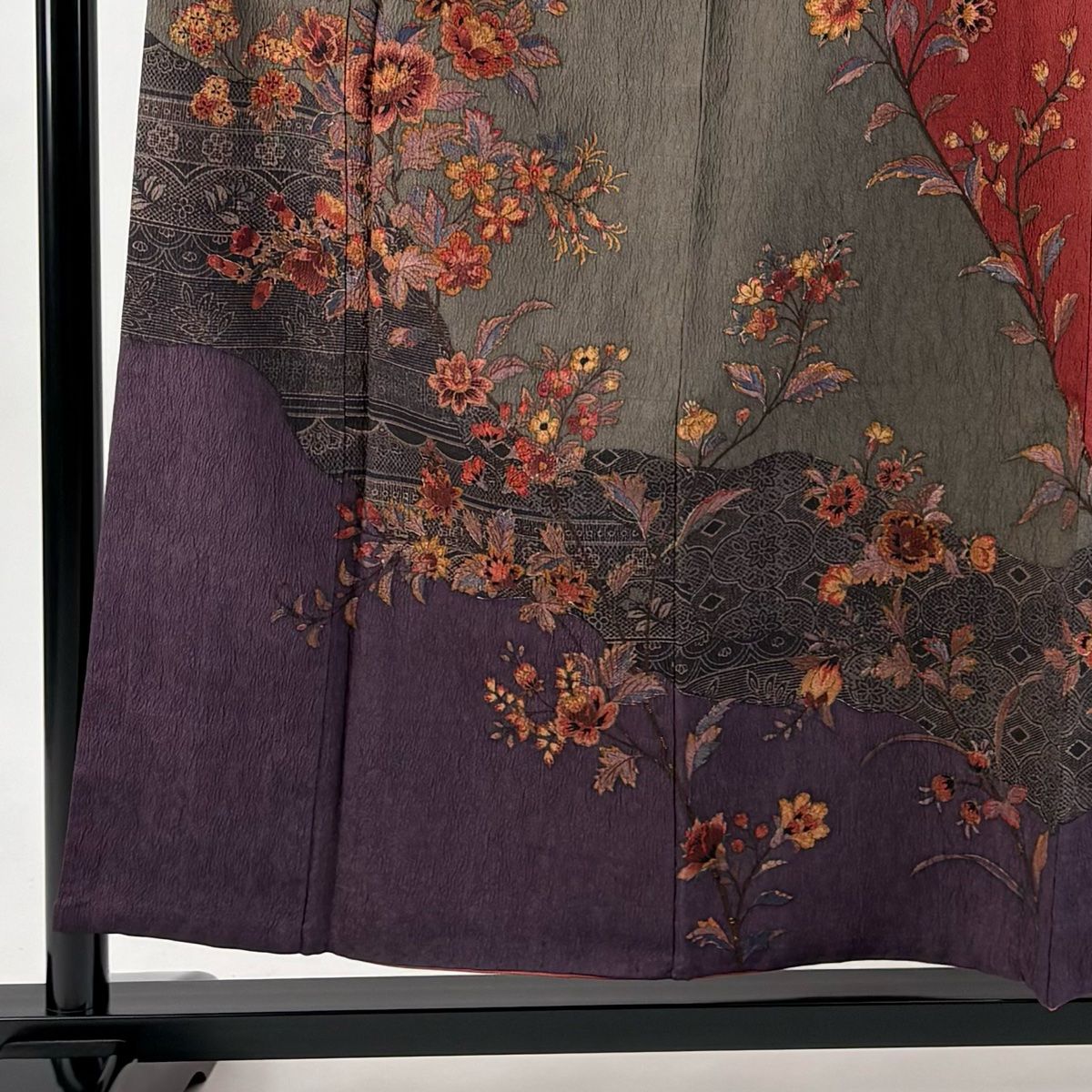 訪問着 身丈157cm 裄丈64cm M 袷 やまと 草花 幾何学 灰茶 正絹 秀品