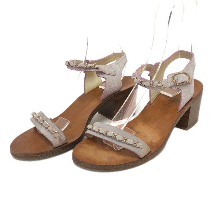 CHANEL ヒールサンダル　37.5 CHANEL シャネル チェーンストラップ ウッドヒール サンダル