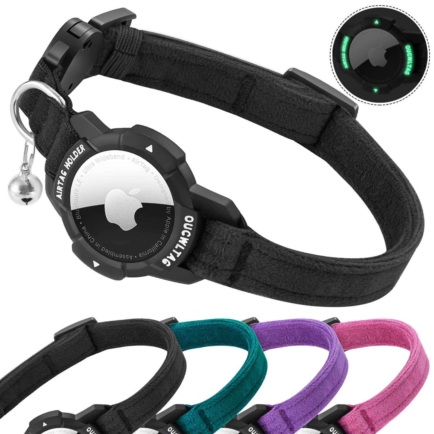 OUCWLTAG ルミナス AirTag 猫 首輪 分離 OUCWLTAG GPS 猫 首輪 Apple Airタグホルダー付き 猫 トラッカー 安全ゴムバンド付き 女の子 男の子 猫 子猫 子犬 7~10インチ ブラック 7-10 Inch