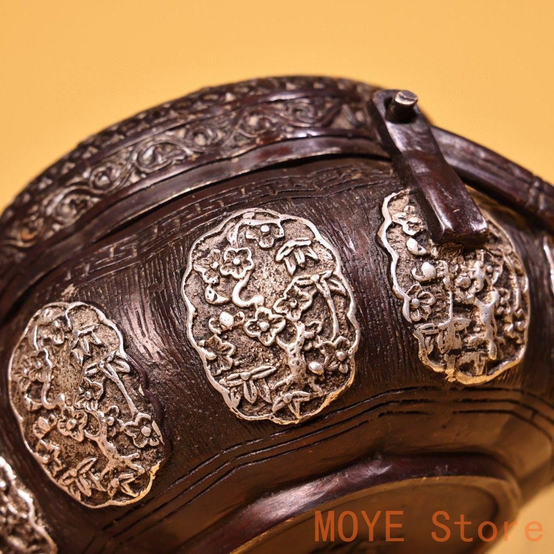 銅 細工 高浮彫鏨刻銀温手炉 香炉 提梁炉 香道具 装飾品 工芸品