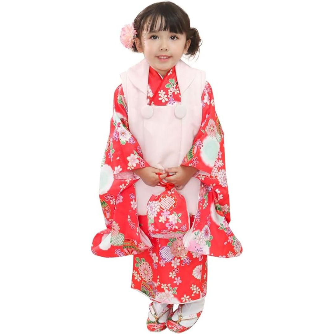 KYOETSU キョウエツ 七五三 3歳 女の子 ガールズ 着物 セット 被布 無地被布 小物 フルセット 753 1.紅鞠の花舞 90-100cm