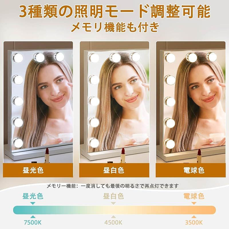 FENCHILIN 化粧鏡 女優ミラー ハリウッドミラー 壁掛け 卓上両用 ライト付き 鏡 三色照明モード 明るさ調節 14個LED電球付き 10倍拡大鏡付き 50x40cm USB-DCケーブル給電 1
