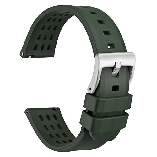 グリーン/シルバーバックル_22mm [WOCCI] 22mm 時計ベルト フッ素ゴム腕時計バンド Quick Release FKM高級腕時計ベルト メンズ グリーン/シルバーバックル
