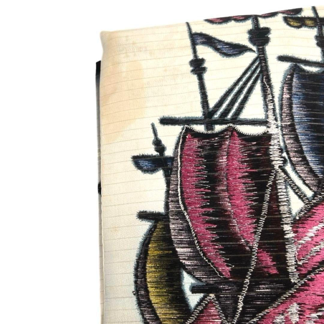 アンティーク　銘仙　夏着物　波に南蛮船　帆船　　レトロ アンティーク 銘仙 夏着物 波に南蛮船 帆船 レトロ