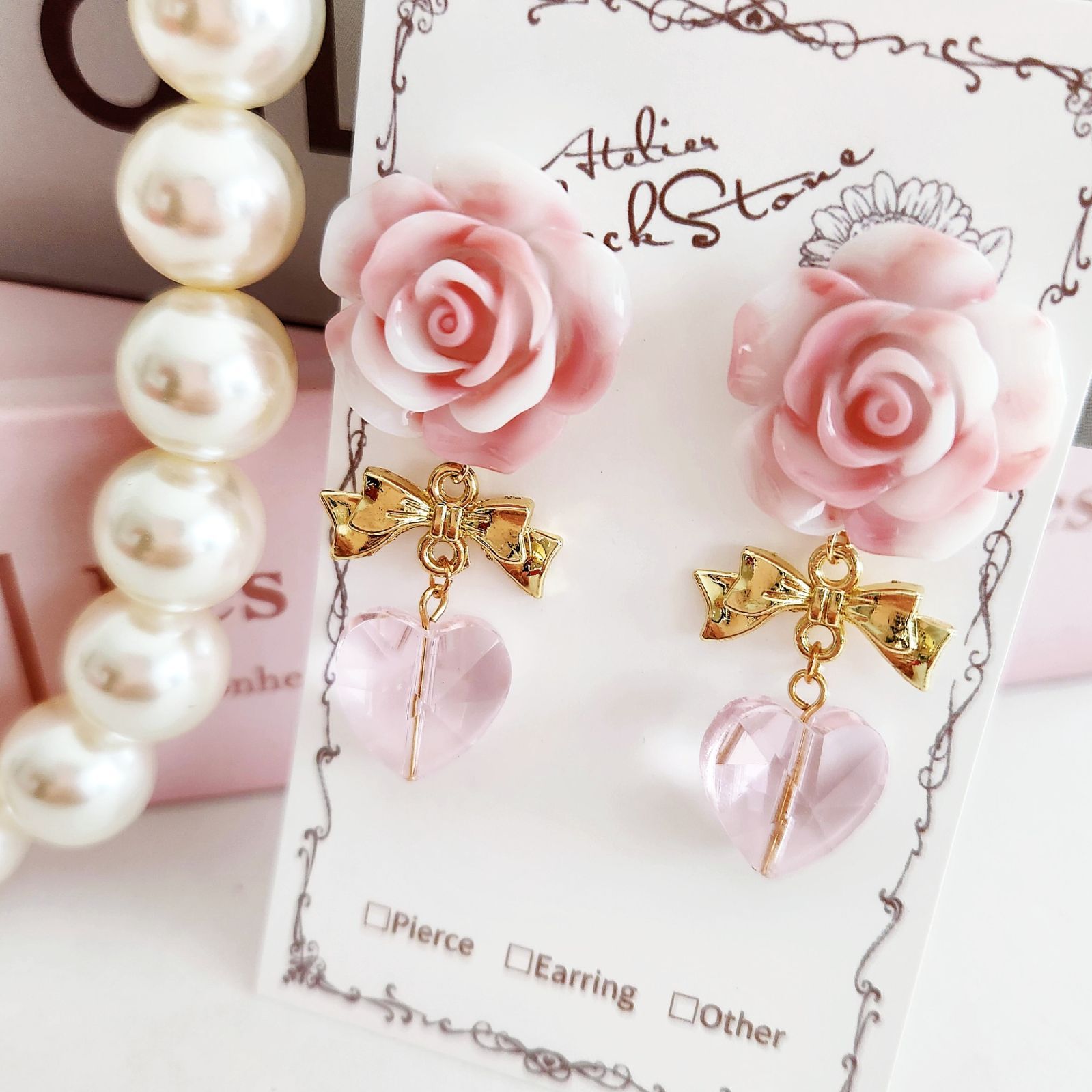 ♡ピンク薔薇のピアス - ピアス