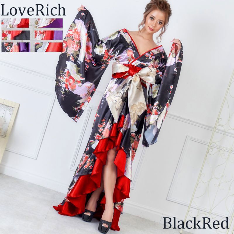 LoveRich ラブリッチ サテン和柄フリルロング着物ドレス 衣装 ダンス よさこい 花魁 コスプレ キャバドレス 0712