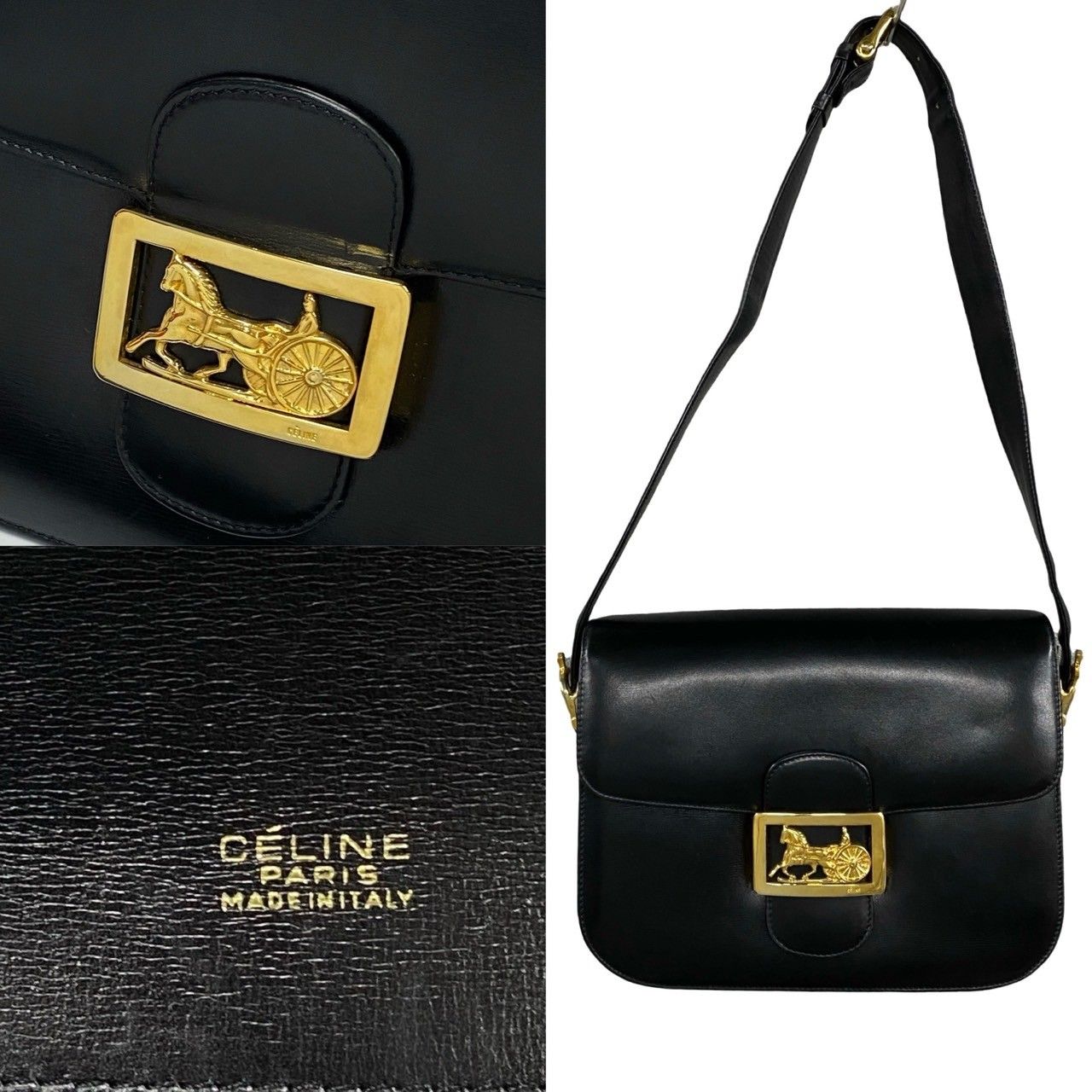 極 美品 袋付き CELINE セリーヌ ロゴ 馬車金具 カーフ レザー 本革 