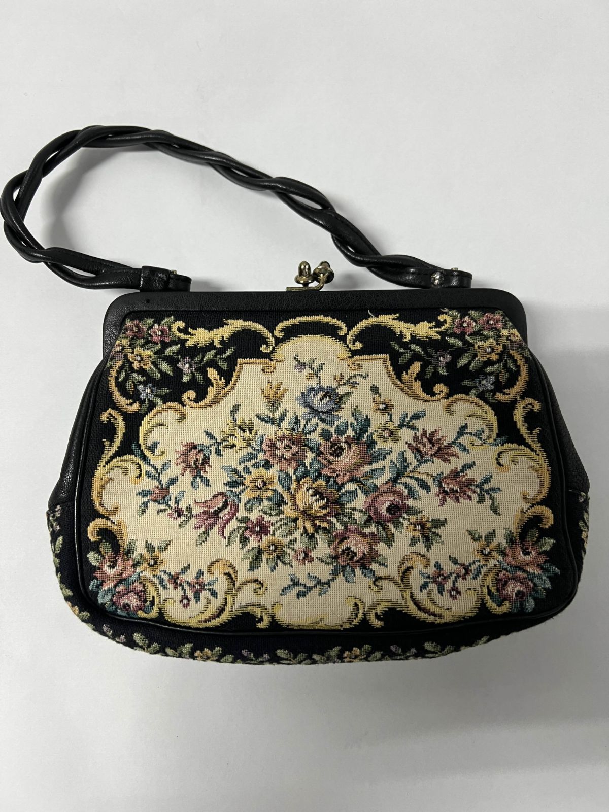 美品✨ヴィンテージ✨西ドイツ製 花柄 コブラン織り がま口 ハンドバッグ ゴブラン織り がま口 ハンドバッグ／ヴィンテージ調 花柄