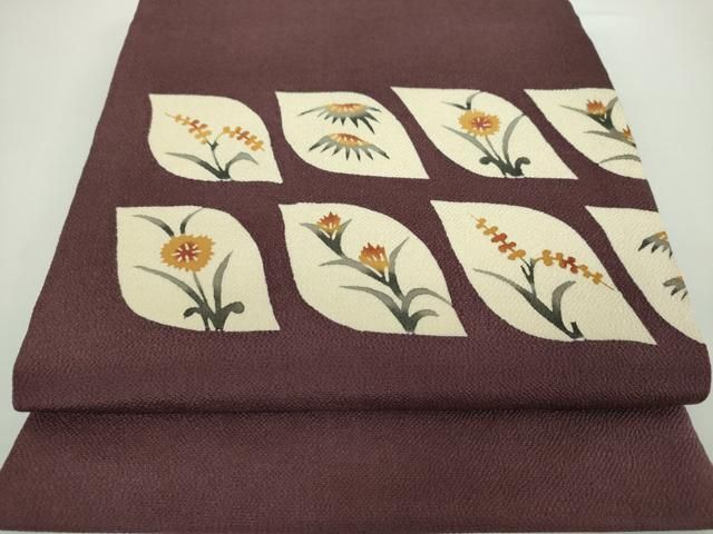 平和屋着物○九寸開き名古屋帯 型染 草花文 鬼しぼ縮緬 正絹 逸品