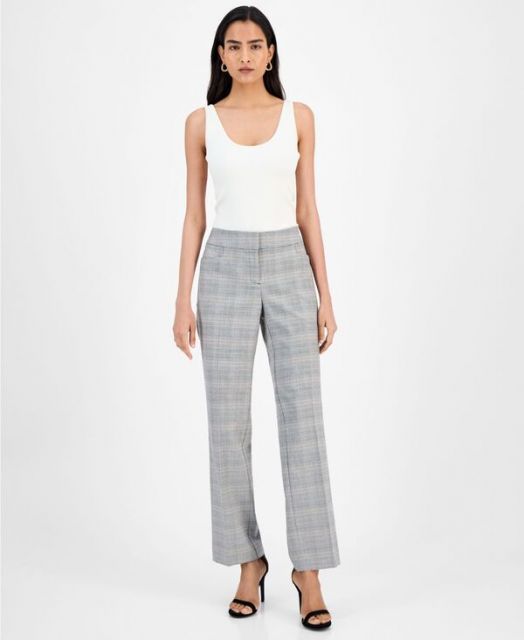 送料無料 カスパール レディース カジュアルパンツ ボトムス Women s Plaid-Print Mid-Rise Straight-Leg Pants Regular - Petite Soft Sand Multi
