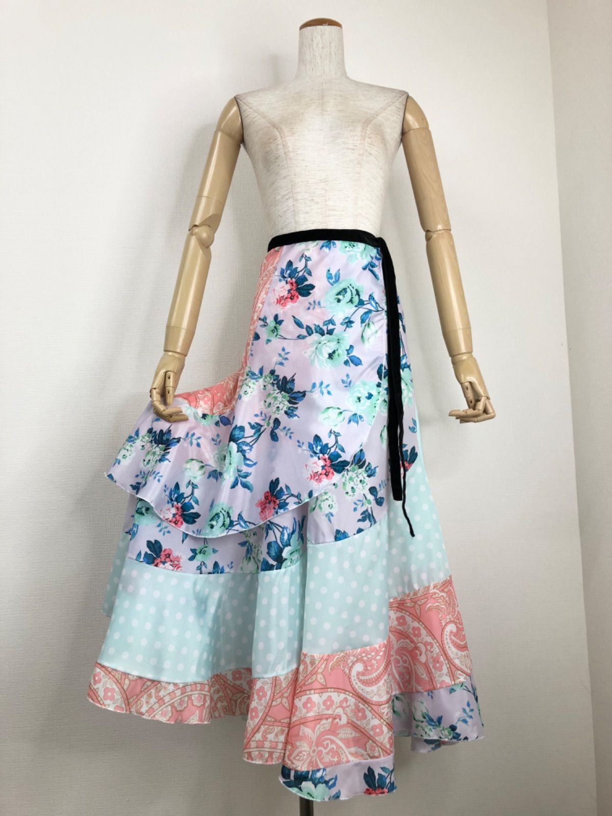 ⭐︎フラメンコ巻きスカート ファルダ⭐︎ フラメンコ 巻きスカート 花柄×水玉 オレンジ×イエローグリーン