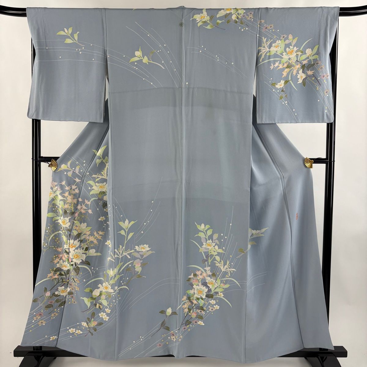 訪問着 身丈158cm 裄丈67.5cm L 袷 岡崎雄夷 加賀友禅 落款 証紙 草花 青灰色 正絹 一つ紋