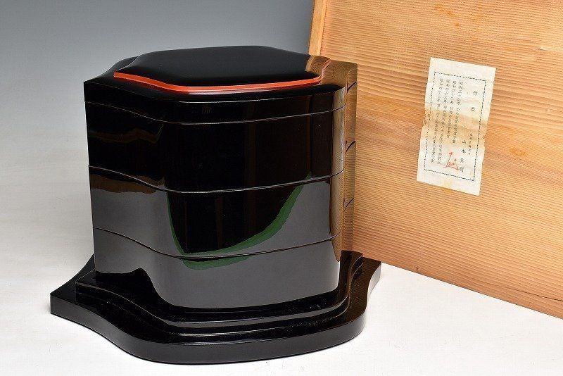蔵C7093 山本英明 越前漆器 花型重箱 三段重 縁高菓子器