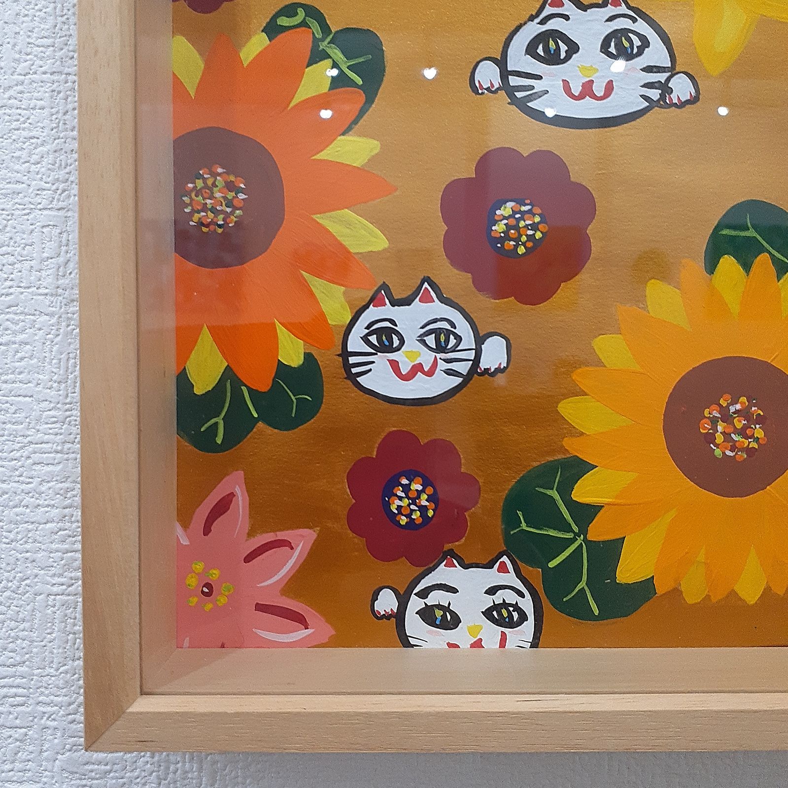 青い花と赤い花瓶とひまわり画家小楠アキコ作品F3号サイズキャンバス 青い花と赤い花瓶とひまわり画家小楠アキコ作品F3号サイズキャンバス