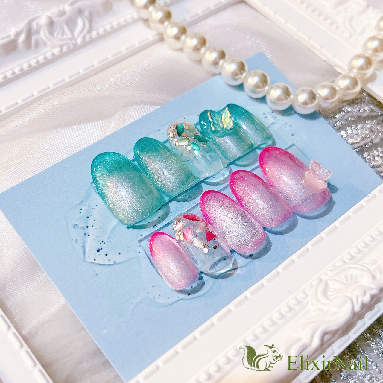 現品ネイルチップ さくらんぼネイル バタフライネイル ピンクネイル  