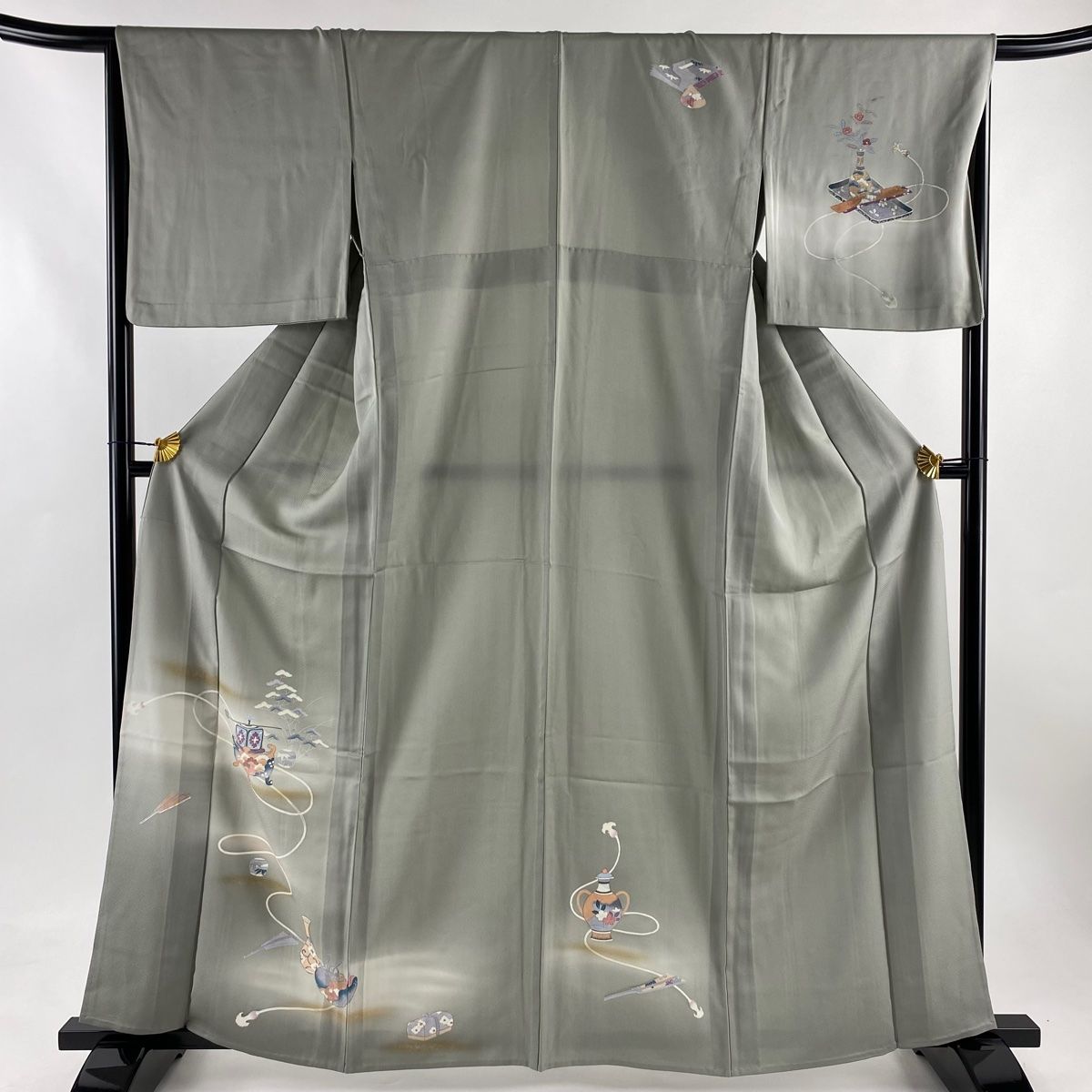 付下げ 身丈165cm 裄丈65.5cm M 袷 証紙 石畳 紬地 灰緑 正絹 美品  