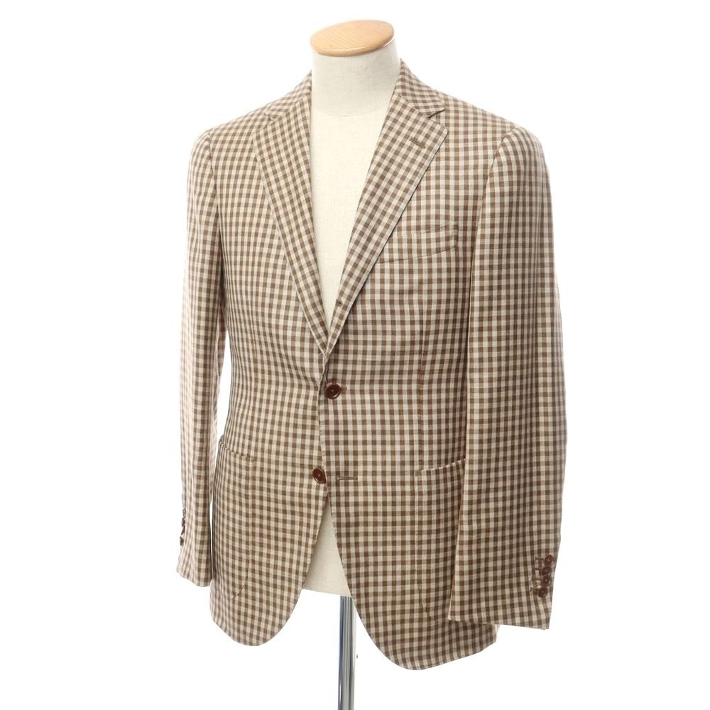 【中古】カスタムテーラー ビームス Custom Tailor BEAMS チェック ウールシルクリネン カジュアルジャケット ブラウンxベージュ【サイズ表記なし（S位）】【メンズ】