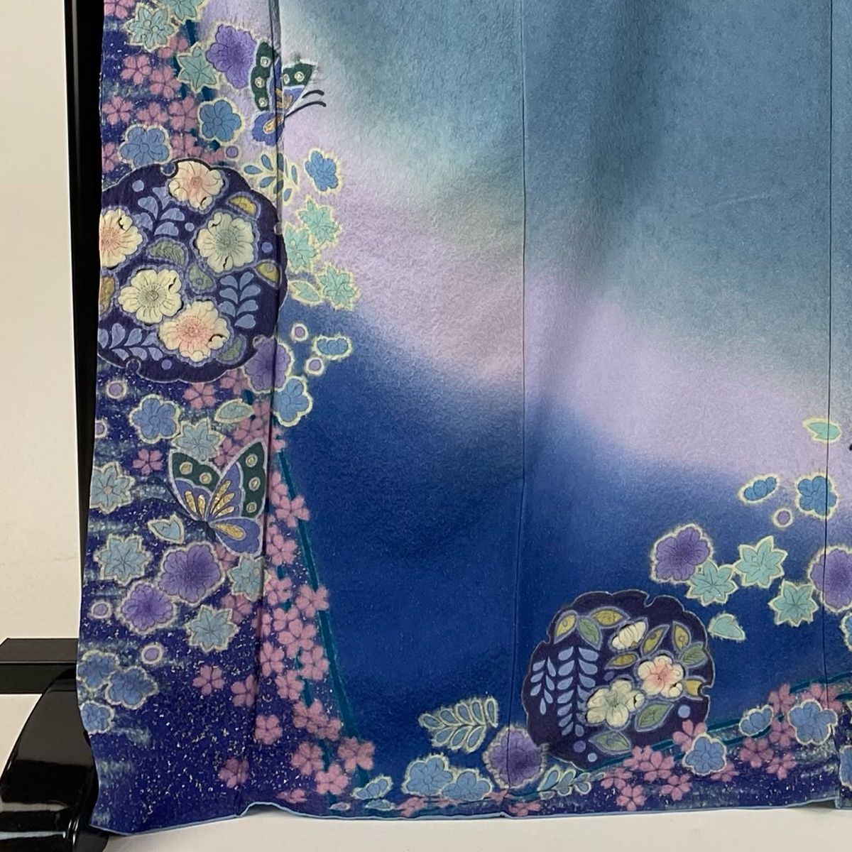 振袖 身丈173cm 裄丈70cm L 袷 蝶 草花 銀通し 金彩 水色 正絹