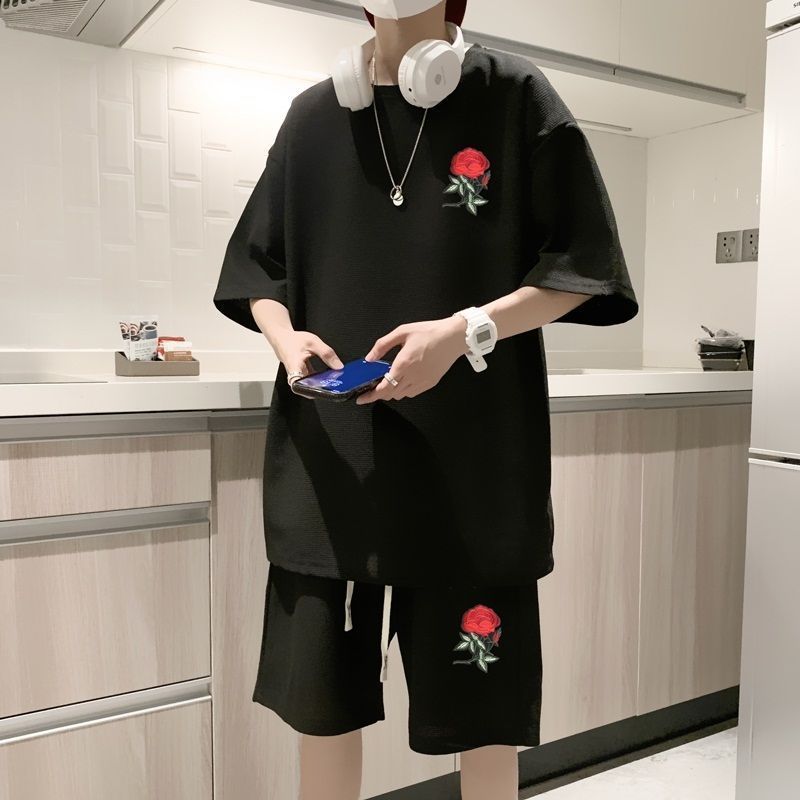 上下セット メンズ Tシャツ ハーフパンツ 半袖 刺繍入り バラ