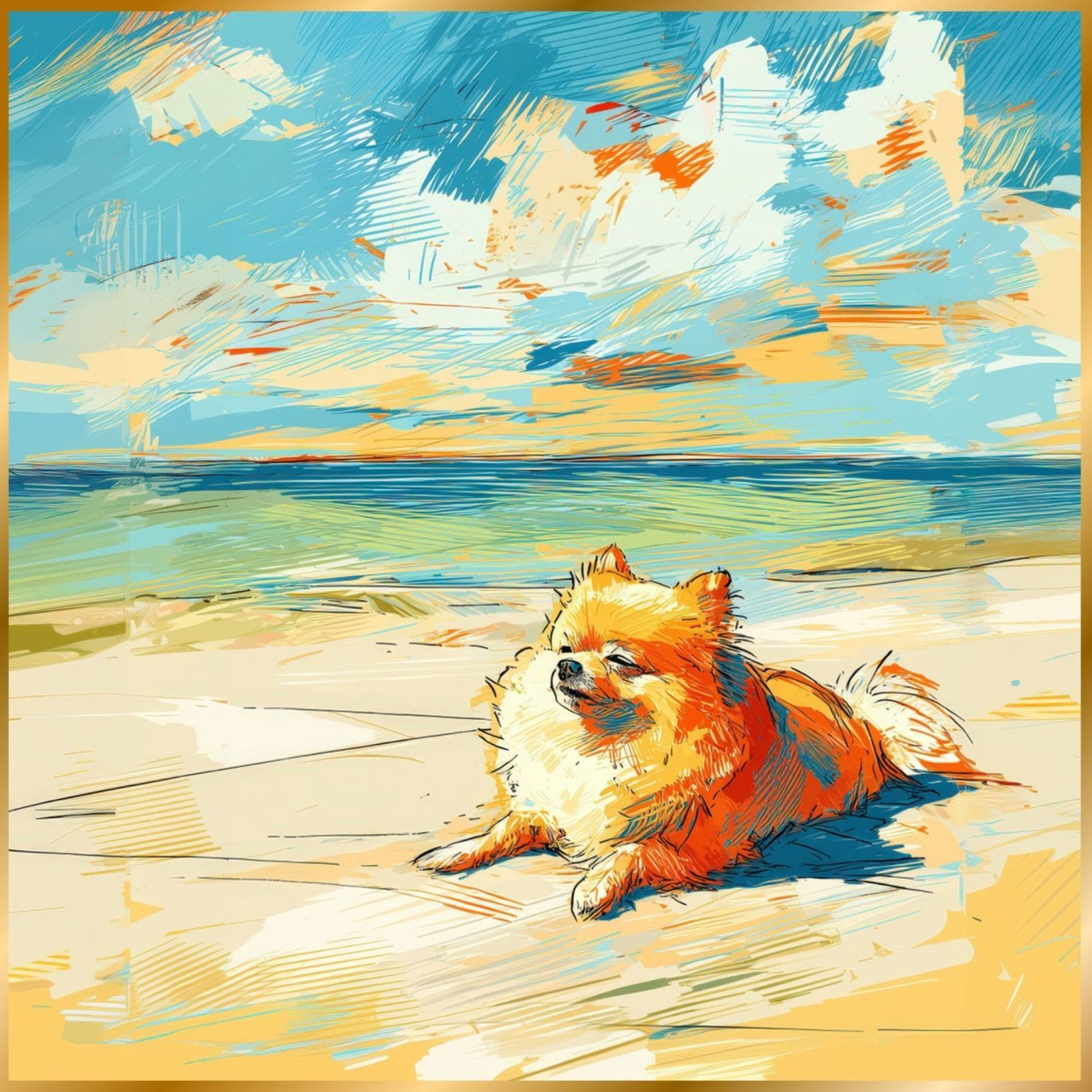 ポメラニアン犬とビーチのスケッチ No.2 海 犬の絵 犬のイラスト おしゃれ ミニマリスト ミニマリズム シンプル インテリアアート ペットロス うちの子 記念日 アートポスター ギフト プレゼント