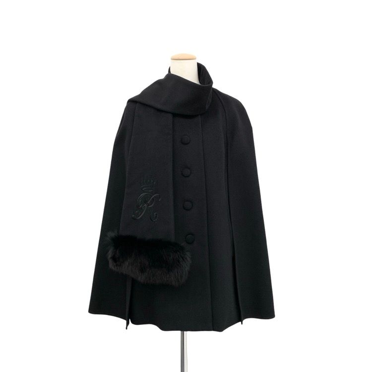 Rene ルネ ストール付ケープ コート ポリー R刺繍 カシミヤ混 フォックスファー ブラック 36 6138240
