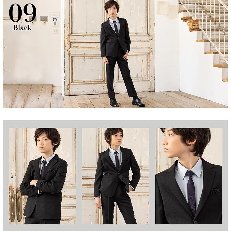 ビーティーゼット 卒業式 スーツ 男の子 キッズ 子供 卒服 ジュニア フォーマルスーツ 2釦 ブラック ストライプ ドビー 180 cm