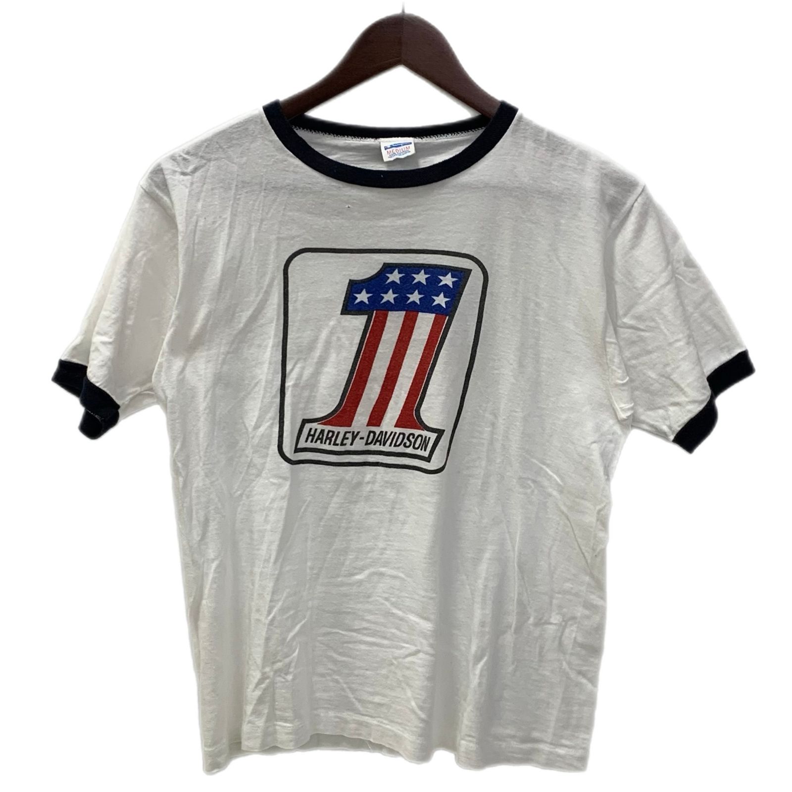 70s ハーレーダビッドソン×チャンピオン　リンガーT 総柄　No.1 vintage harley davidson Tshirt number 1 Champion Blue Bar