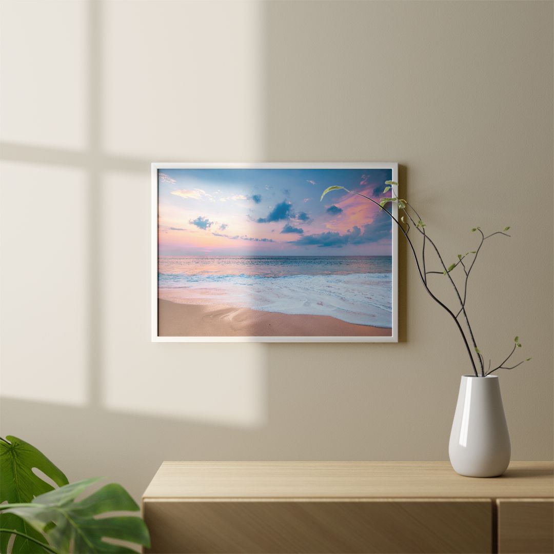 アートポスター サンセットビーチ パステルスカイ 波打ち際 ピンク