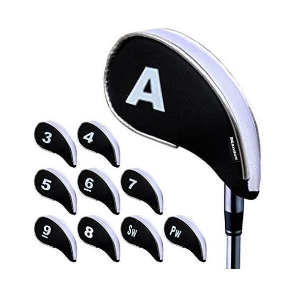 Andux ゴルフ アイアン ヘッドカバー ファスナー付き 10個/セット (ホワイト/ブラック)