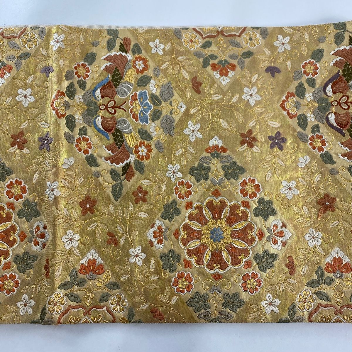 袋帯 美品 秀品 華文 向かい鳥 金糸 箔 金色 六通 正絹 【中古