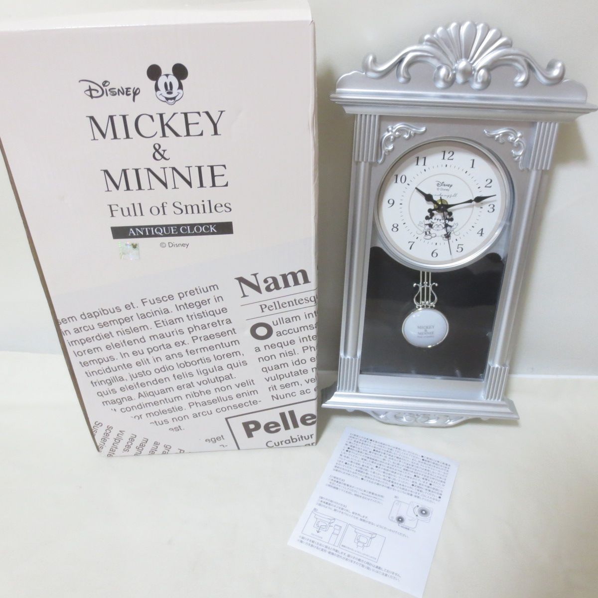 W764 Disney ミッキー＆ミニー アンティーク調 掛け時計 シルバー 