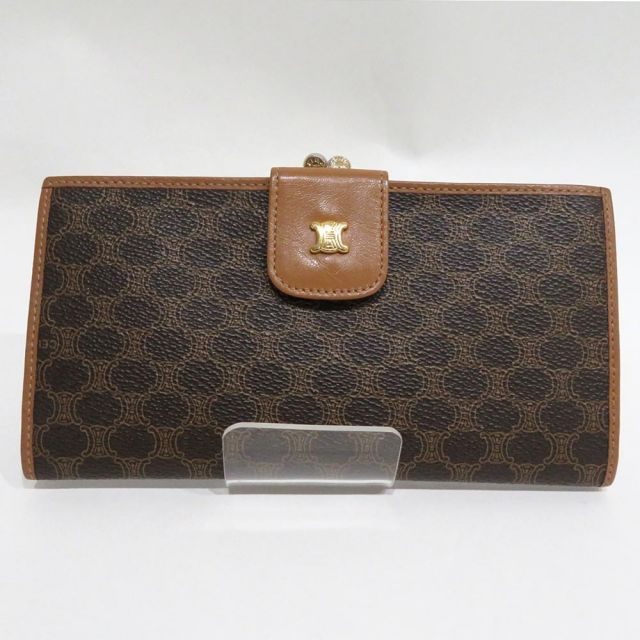 【美品】CELINE 長財布 フラップ マカダム柄 トリオンフ ロゴ金具 がま口 中古 セリーヌ 長財布 がま口 マカダム柄 トリオンフ金具 ゴールド AB