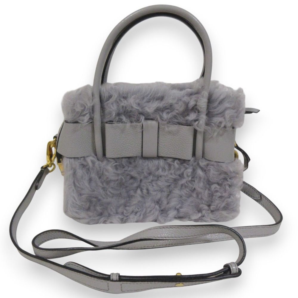 美品 miu miu ミュウミュウ リボン ムートンコンビ 2Way ハンドバッグ 