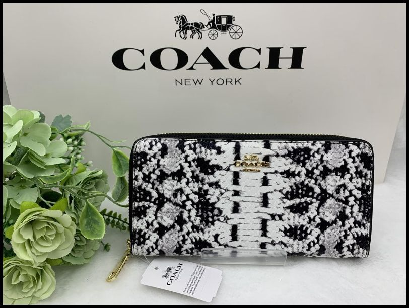 COACH 長財布 コーチ 財布 ホワイトｘブラック エンボスド スネーク柄 レザー  レディース メンズ  プレゼント 贈り物 ロング ジップ 誕生日 記念日 新品未使用 ファッション F53659 A183Z-X1