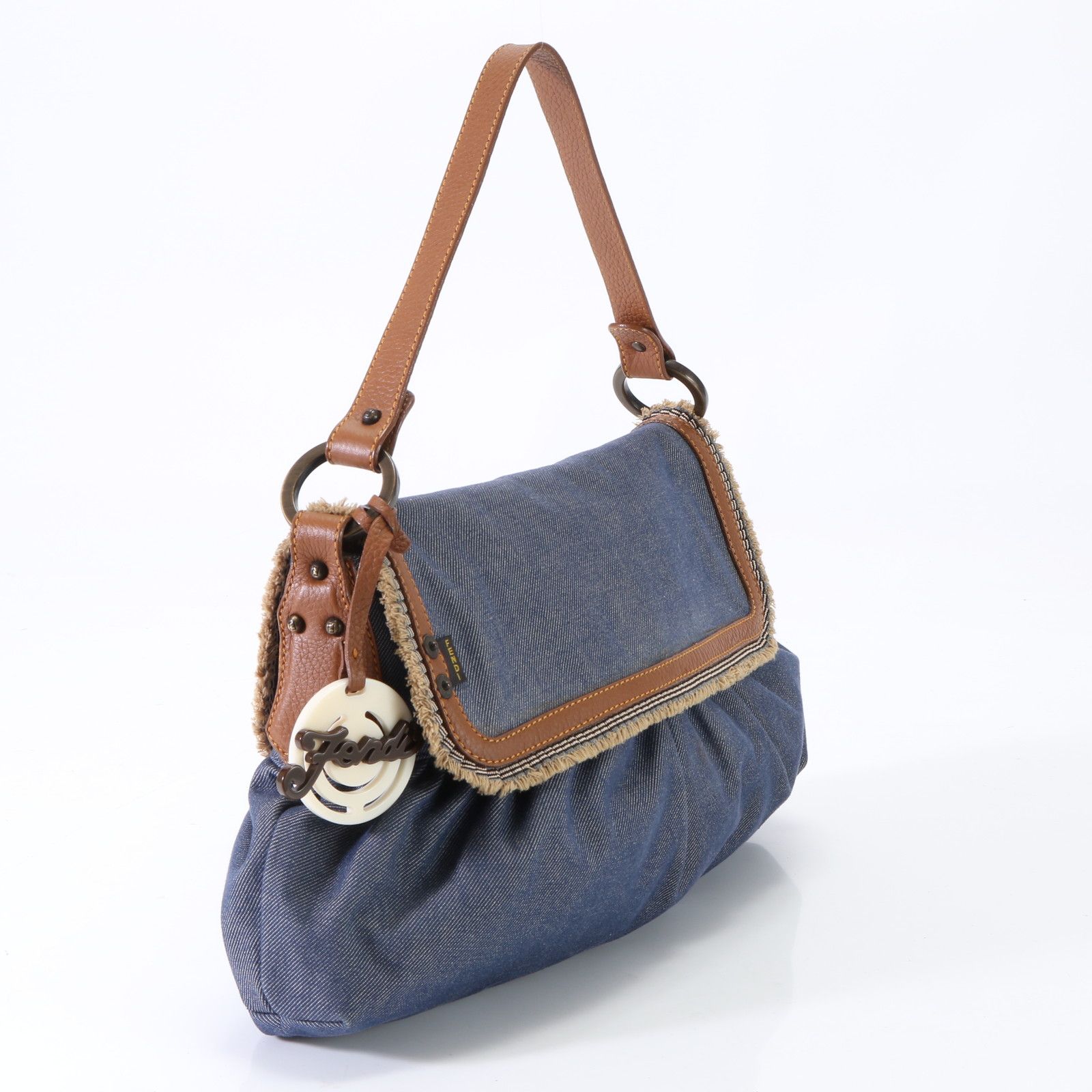 美品 フェンディ デニム レザー ショルダーバッグ 肩掛け ワン 