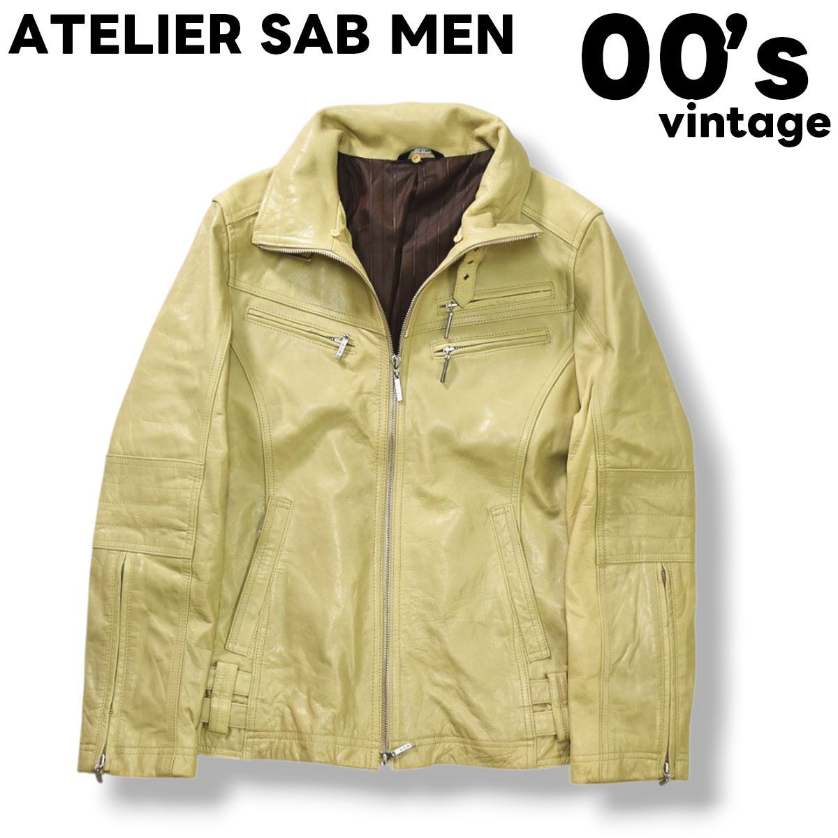 00s archive アトリエ サブ メン ASM ATELIER SAB MEN 水牛革 バッファロー カウハイド シングル ライダース レザー ジャケット 革ジャン 総裏地 50 ベージュ x ストライプ柄 ブラウン メンズ