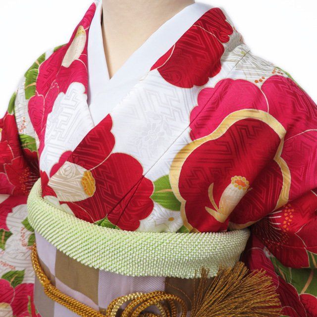 振袖 着物 中古 正絹 金駒刺繍 花模様 椿 桜 地模様 練色 白色