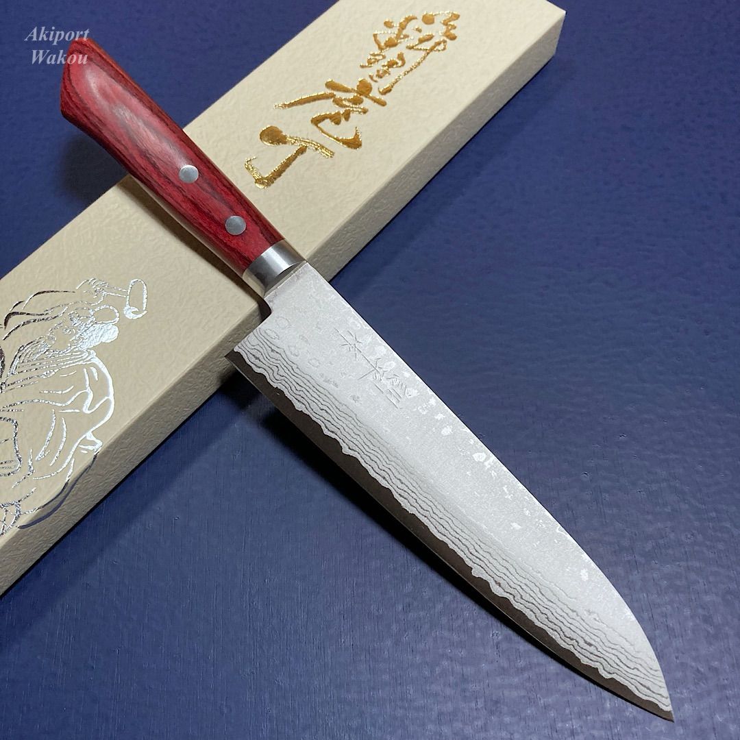訓平作　牛刀　包丁　180ｍｍ　彩流　積層ダマスカス V金10号　赤柄　越前打刃物　増谷刃物製作